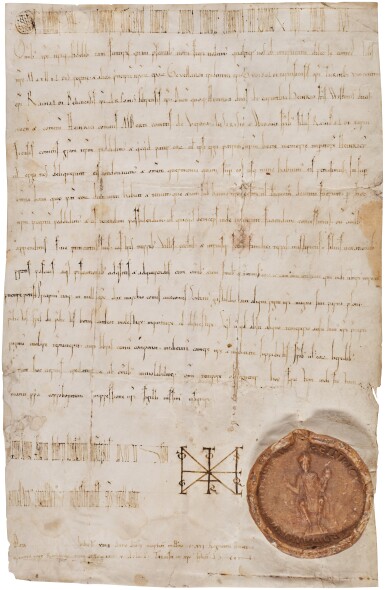 View full screen - View 1 of Lot 12. Imperial Charter issued by Emperor Heinrich V of the Holy Roman Empire | Italy, likely Treviso | 1116, with Imperial monogram and seal.