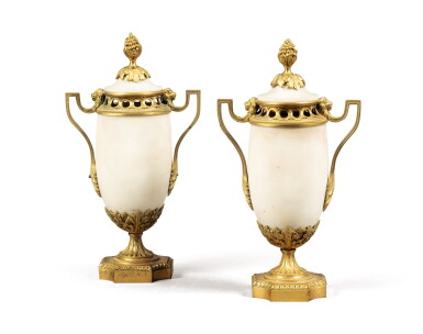 View full screen - View 1 of Lot 183. A pair of Louis XVI gilt-bronze-mounted white marble vases and covers, possibly Italian.