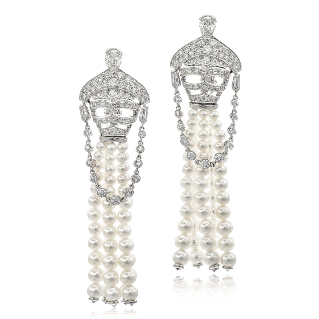 View full screen - View 1 of Lot 1693. ‘Bals de Legende’ Unique Pair of Cultured Pearl and Diamond Earrings | 梵克雅寶 | ‘Bals de Legende’ 養殖珍珠 配 鑽石 耳墜一對.