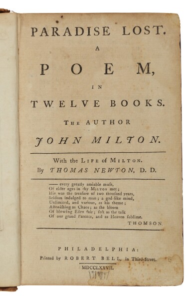View full screen - View 1 of Lot 108. Milton, John | The first volume of the rare first American edition of Milton's epic.