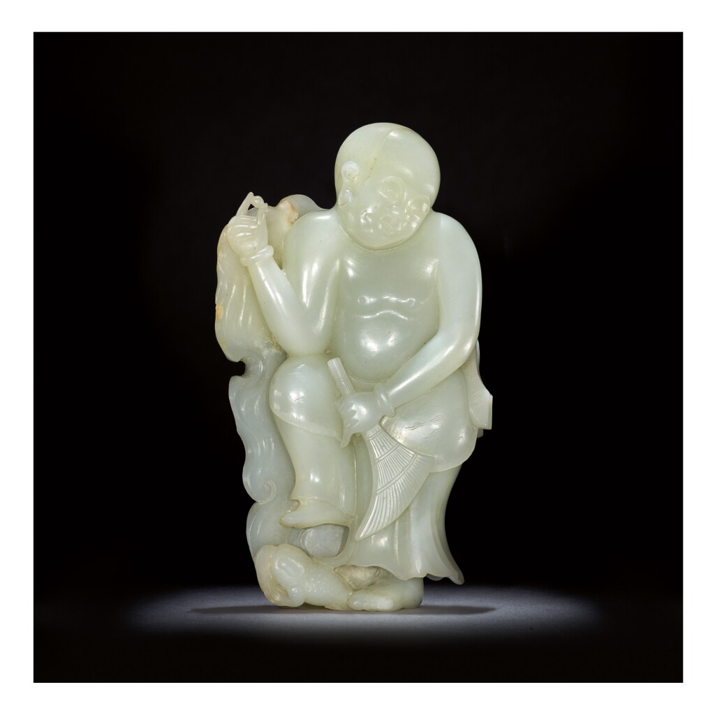 View full screen - View 1 of Lot 237. A LARGE PALE CELADON JADE CARVING OF LIU HAI, QING DYNASTY, QIANLONG PERIOD.