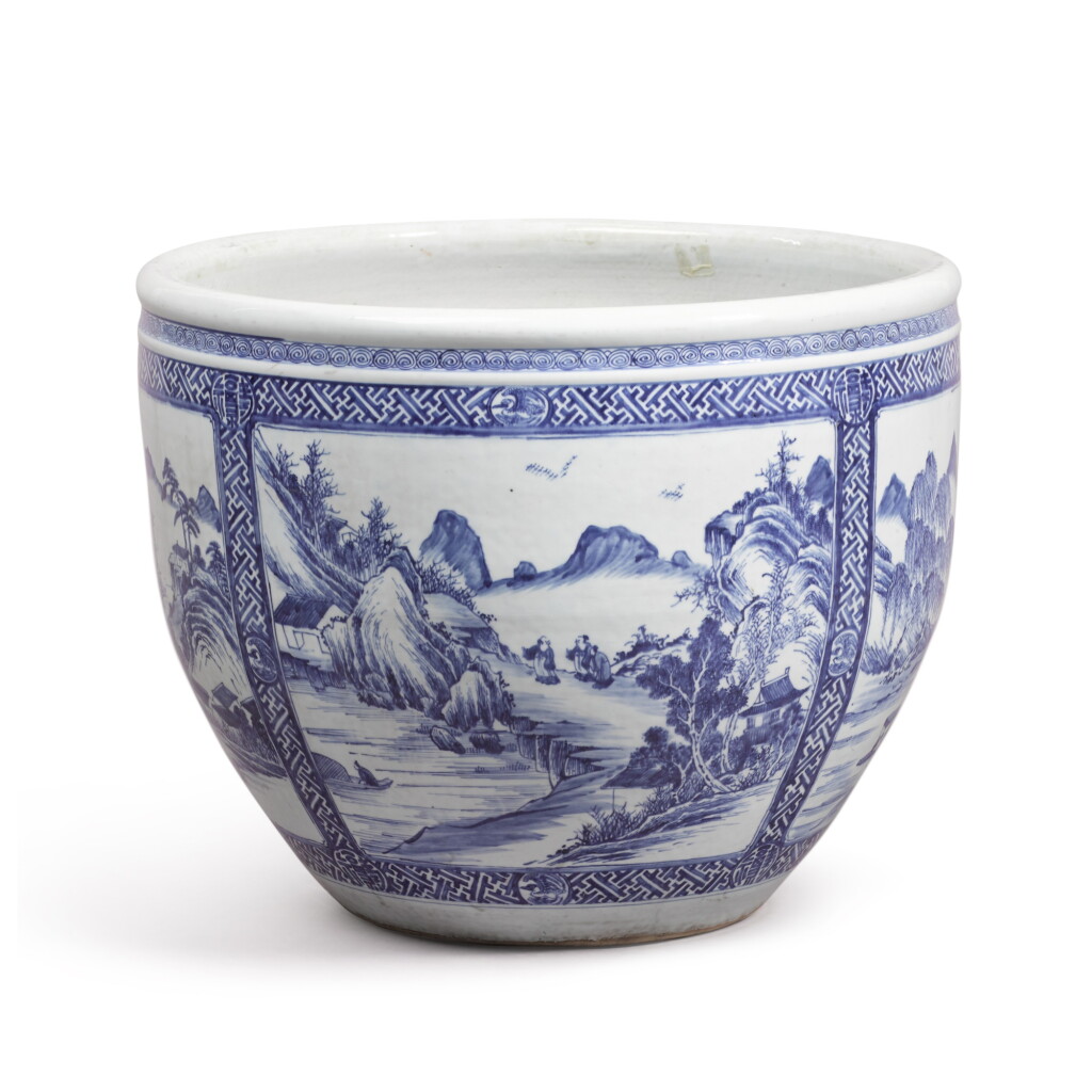 View full screen - View 1 of Lot 326. A blue and white 'landscape' jardinière, Qing dynasty, 18th century | 清十八世紀 青花山水紋大缸.