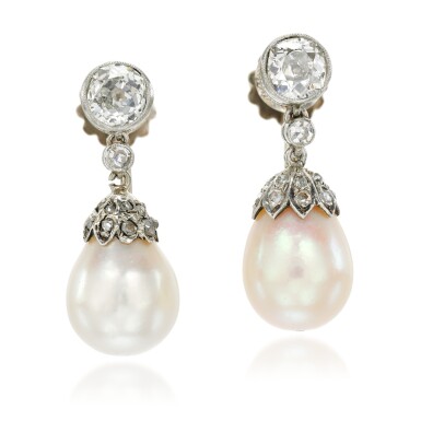 View full screen - View 1 of Lot 27. Pair of natural pearl and diamond earrings, early 20th century composite.