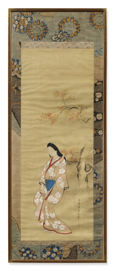 View full screen - View 1 of Lot 815. Painting of a beauty, ink and color on silk, hanging scroll, framed, 17th / 18th century.