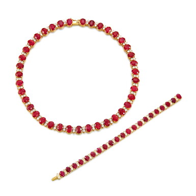 View full screen - View 1 of Lot 1652. Ruby and Diamond Demi Parure | 紅寶石 配 鑽石 手鏈及項鏈套裝.
