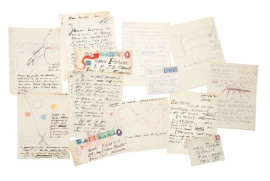 View full screen - View 1 of Lot 23. Manuscrits autographes illustrés et lettres autographes signées à Henri Pichette. 1952-1961. À propos de "Nucléa"..