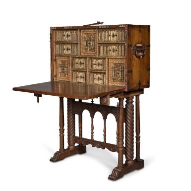 View full screen - View 1 of Lot 505. A Spanish Late Renaissance Wrought Iron-Mounted Bone Inlaid Walnut Vargueno, Late 16th/Early 17th Century.