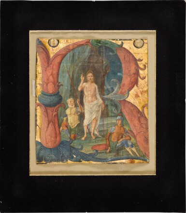 View full screen - View 1 of Lot 24. Illuminated Initial, C15th | Illuminated initial ‘R’, Christus Trimphans by Taddeo Crivelli, Ferrara, c. 1460.