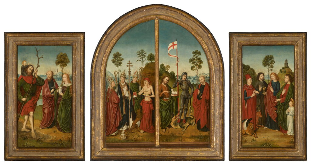 View full screen - View 1 of Lot 102. Saints Christopher, Paul and Mary Magdalen; Saints Augustin, Gregory of Tours, Ambrose of Milan, Jerome; Saints Mark, Luke, John and Matthew.