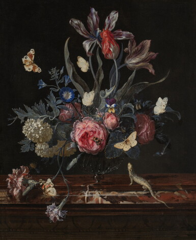 View full screen - View 1 of Lot 441. Still Life of Flowers in a Glass Vase with Butterflies and a Lizard on a Marble Ledge.