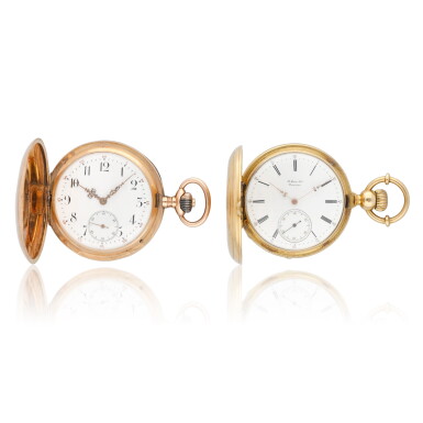 View full screen - View 1 of Lot 156. A gold hunting cased case wound lever watch together with a pink gold hunting cased watch Circa 1880 and circa 1900.