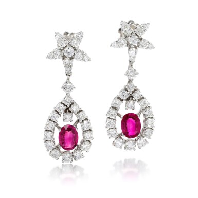 View full screen - View 1 of Lot 116. PAIR OF RUBY AND DIAMOND EARRINGS.