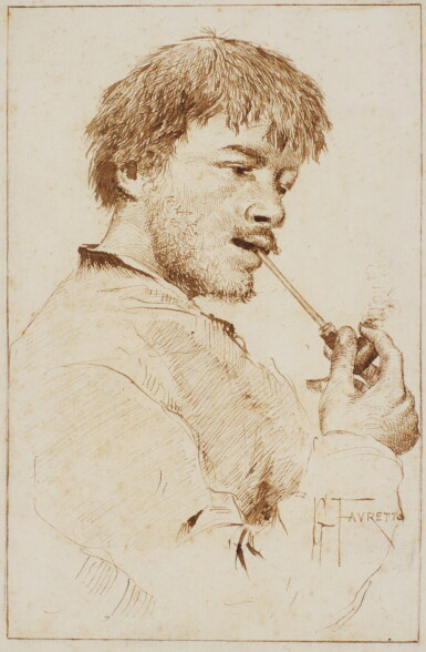 View full screen - View 1 of Lot 562. GIACOMO FAVRETTO | Portrait of a man smoking a pipe.