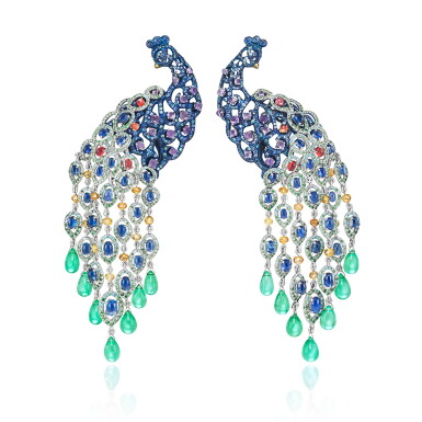 View full screen - View 1 of Lot 404. CHOPARD | PAIR OF GEM SET AND DIAMOND PENDENT EAR CLIPS, 'PAONS' FROM THE ANIMAL WORLD COLLECTION.