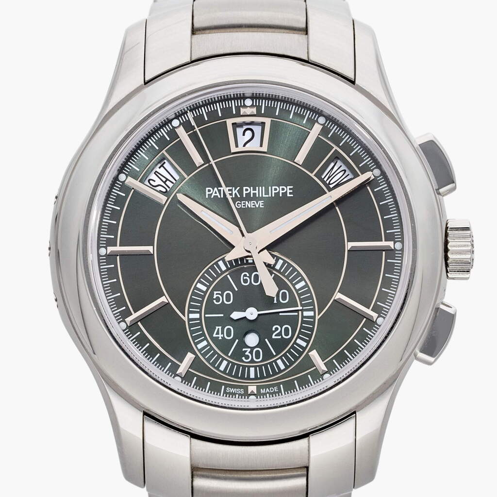 View full screen - View 1 of Lot 165. Reference 5905/1A-001 | A stainless steel automatic annual calendar flyback chronograph wristwatch with day/night indication and bracelet, Circa 2024.