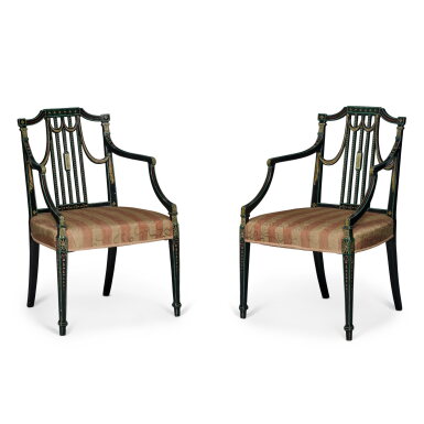 View full screen - View 1 of Lot 211. A Pair of George III Painted and Ebonized Armchairs, Late 18th Century.