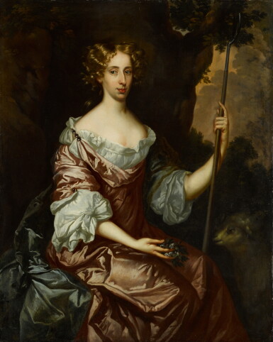 View full screen - View 1 of Lot 38. Portrait of a lady, three-quarter-length, wearing a pink silk dress and blue wrap, holding an houette and a garland of flowers, seated in a landscape with a lamb.