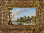 A river landscape with travellers by a jetty and a man in a rowing boat, a church beyond