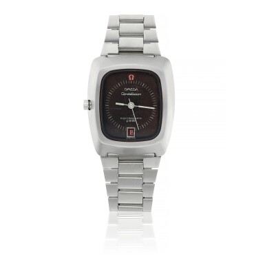 View full screen - View 1 of Lot 99. OMEGA | REF F8192 CONSTELLATION ELECTROQUARTZ, A STAINLESS STEEL RECTANGULAR LEFT-HANDED QUARTZ WRISTWATCH WITH DATE AND BRACELET CIRCA 1980.