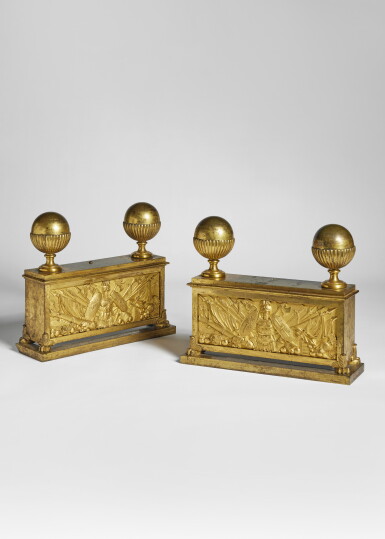 View full screen - View 1 of Lot 345. A Pair of Empire Gilt Bronze Chenets Attributed to Claude Galle, Circa 1805.