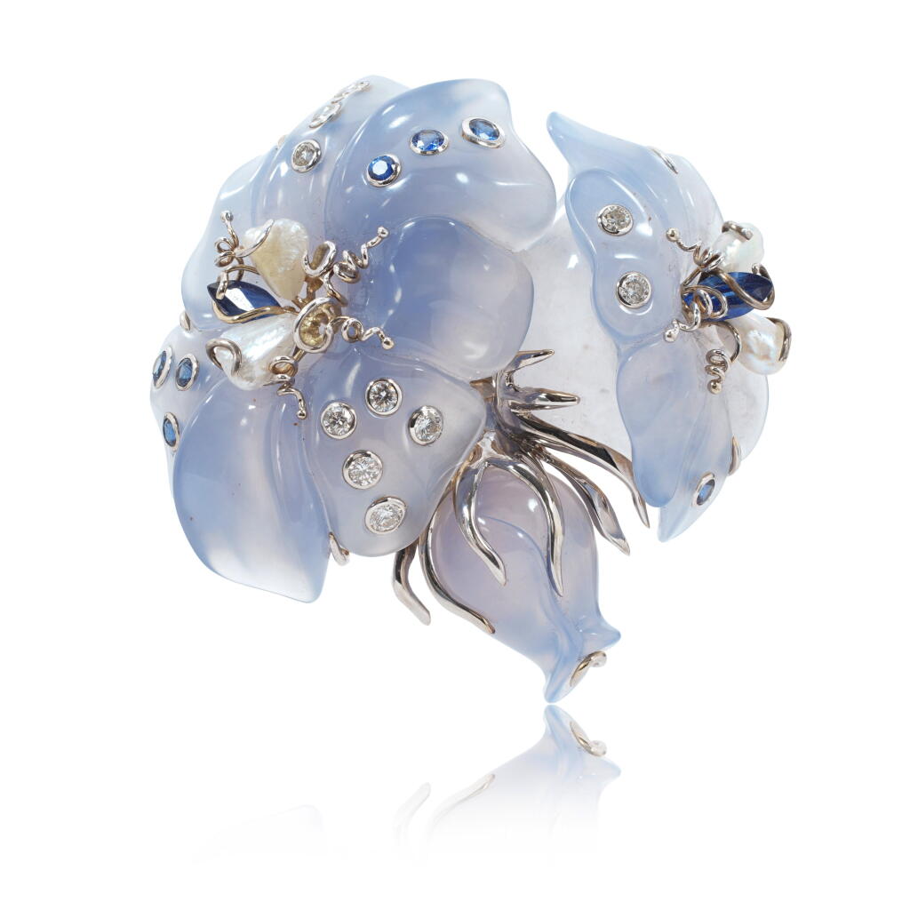 View full screen - View 1 of Lot 1107. Chalcedony, pearl, sapphire and diamond brooch.