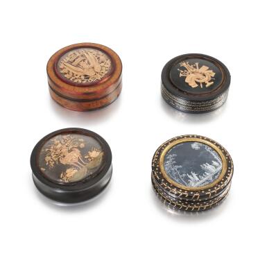 View full screen - View 1 of Lot 355. A group of four wood or tortoiseshell snuff boxes, attributed to G.M. Bonzanigo and F. Tanadei, Turin; and French, late 18th/early 19th.