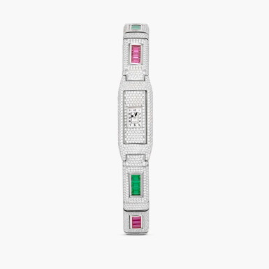 View full screen - View 1 of Lot 2523. Reference 280.3.70 | A white gold reversible bracelet watch with rotating diamonds, emeralds, rubies and sapphires, Circa 2000.