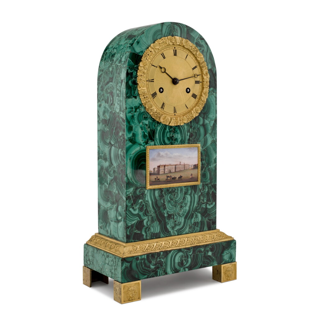 View full screen - View 1 of Lot 99. A gilt-bronze mounted malachite veneered mantle clock, Russian/French, circa 1825.