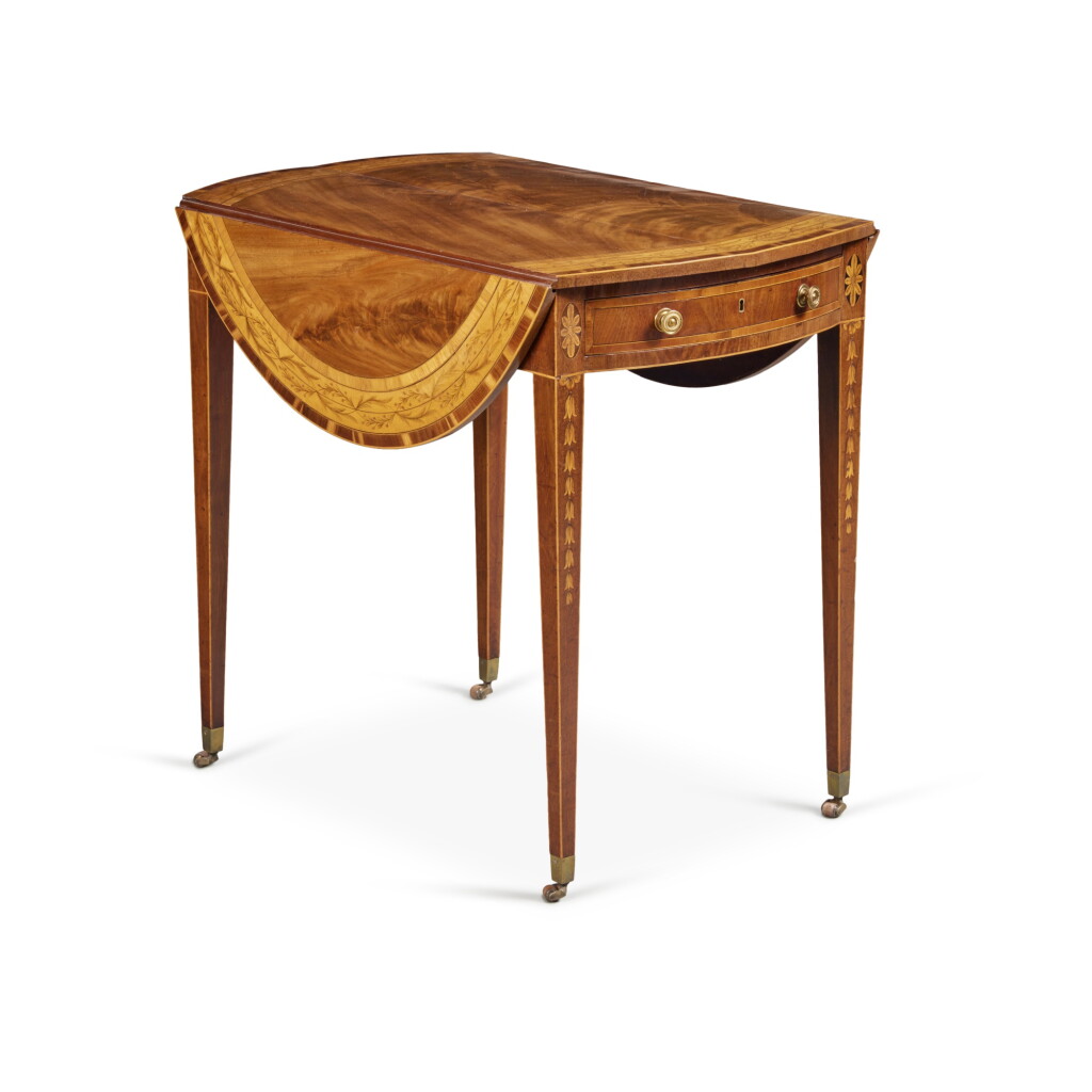View full screen - View 1 of Lot 130. A George III Mahogany, Satinwood and Engraved Inlaid Pembroke Table with Tulipwood and Gonçalo Alves Borders, Circa 1785.