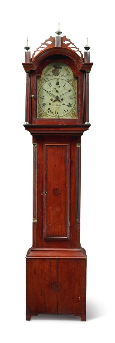 View full screen - View 1 of Lot 9. Federal Brass-Mounted and Punch-Decorated Cherrywood Tall Case Clock, Works by Joseph Chadwick (1787-1868), Boscawen, New Hampshire, circa 1810.