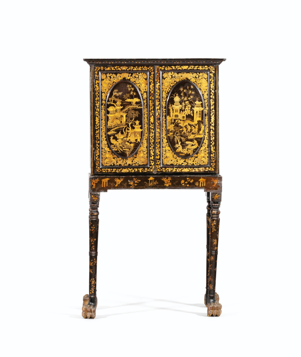 View full screen - View 1 of Lot 175. A Chinese export black japanned wood cabinet, second half 19th century | Cabinet et son piètement en bois laqué noir et or, travail chinois pour l'expert de la seconde moitié du XIXème siècle.