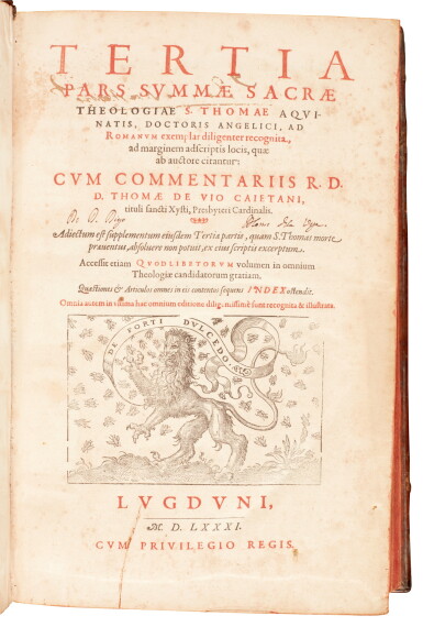 View full screen - View 1 of Lot 172. Thomas Aquinas, Opera, Lyon, 1581, 4 volumes, contemporary Spanish plateresque calf.