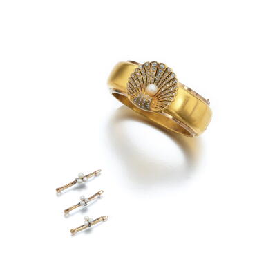 View full screen - View 1 of Lot 1142. Gold, pearl and diamond bangle, 1860s and a set of seed pearl brooches.