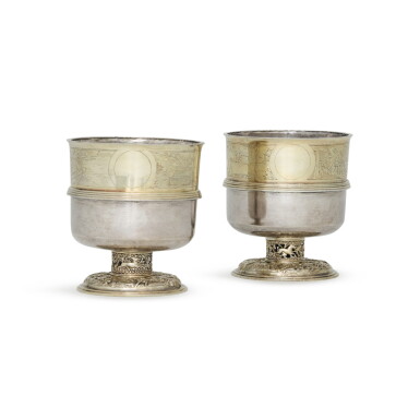 View full screen - View 1 of Lot 44. A pair of parcel-gilt silver monatsbechers (month beakers), unmarked, probably German, late 16th century.