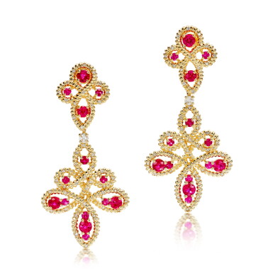 View full screen - View 1 of Lot 2895. Pair of Ruby and Diamond Pendent Earrings | 紅寶石 配 鑽石 耳墜一對.