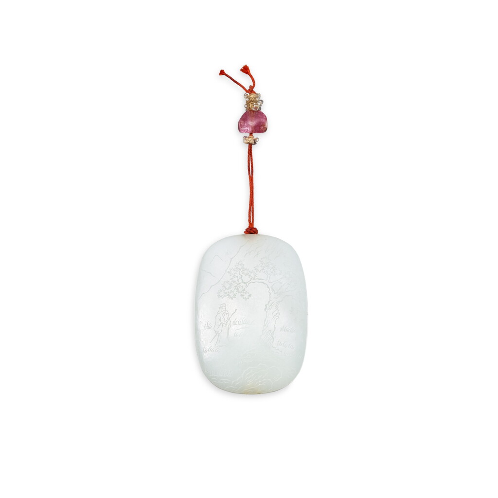 View full screen - View 1 of Lot 493. An imperial inscribed white jade 'scholar' pendant, Qing dynasty, Qianlong period 清乾隆 白玉御製詩文松下高士紋珮.