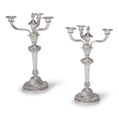 View full screen - View 1 of Lot 795. A PAIR OF GEORGE IV SILVER FOUR-LIGHT CANDELABRA, BENJAMIN SMITH, LONDON, 1825-26.