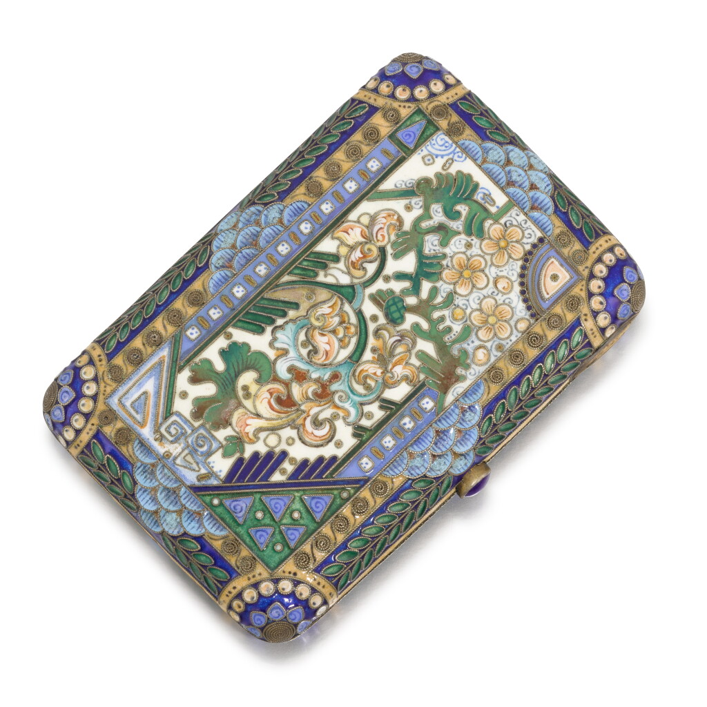View full screen - View 1 of Lot 111. A silver-gilt cloisonné enamel cigarette case, probably Moscow, 1908-1917.