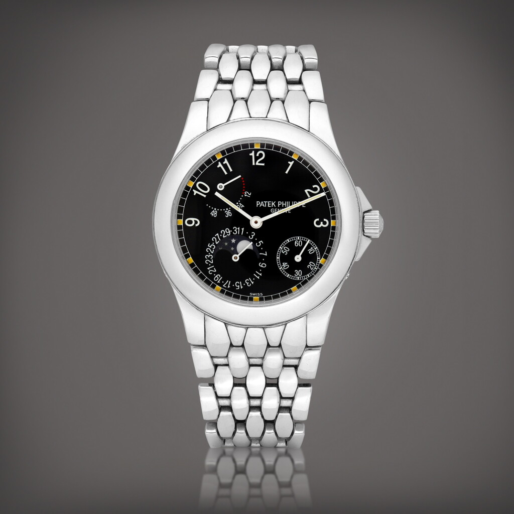 View full screen - View 1 of Lot 2193. Neptune, Reference 5085 A stainless steel wristwatch with power reserve indication, moon phases and bracelet, Circa 2000 | 百達翡麗 | Neptune 型號5085 精鋼鏈帶腕錶,備動力儲備及月相顯示,約2000年製.