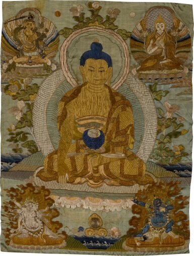 View full screen - View 1 of Lot 131. An embroidered silk thangka depicting Shakyamuni Buddha, Qing dynasty, Kangxi period | 清康熙 刺繡釋迦牟尼佛唐卡.