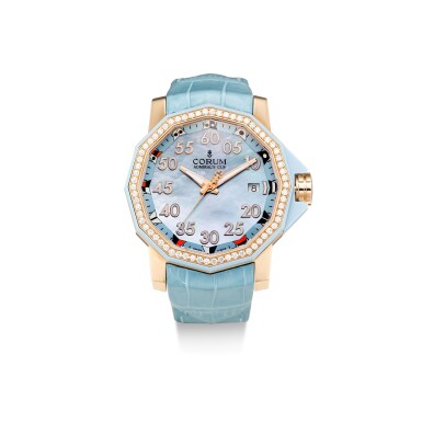 View full screen - View 1 of Lot 8152. CORUM | ADMIRAL'S CUP, REFERENCE 082.953.85 A PINK GOLD, CERAMIC AND DIAMOND-SET WRISTWATCH WITH DATE AND BLUE MOTHER-OF-PEARL DIAL, CIRCA 2015.