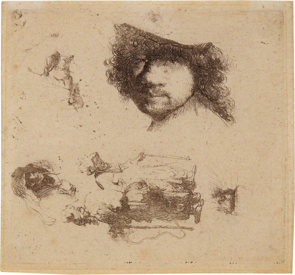 View full screen - View 1 of Lot 45. Sheet of Studies: Head of the Artist, a Beggar Couple, Heads of an Old Man and Old Woman (B. Holl. 363; New Holl. 115; H. 90).