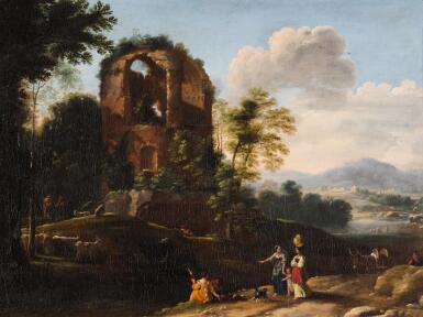 View full screen - View 1 of Lot 26. HERMAN VAN SWANEVELT| A landscape with figures among ancient ruins.