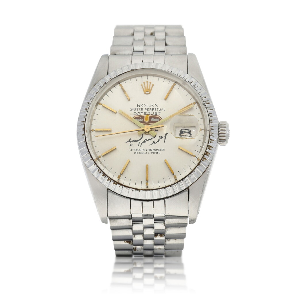 View full screen - View 1 of Lot 8261. DateJust, Reference 16030 | A stainless steel wristwatch with date, unusual emblem, inscription in Arabic and bracelet, Circa 1980 | 勞力士 DateJust 型號16030 | 精鋼鏈帶腕錶,備日期顯示、獨特錶盤及阿拉伯印記,約1980年製.