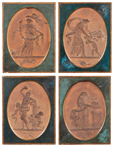 View full screen - View 1 of Lot 84. French, late 18th century, A set of four allegorical reliefs with personifications of the Seasons | France, fin XVIIIe siècle, Ensemble de quatre reliefs allégoriques représentant les Saisons.