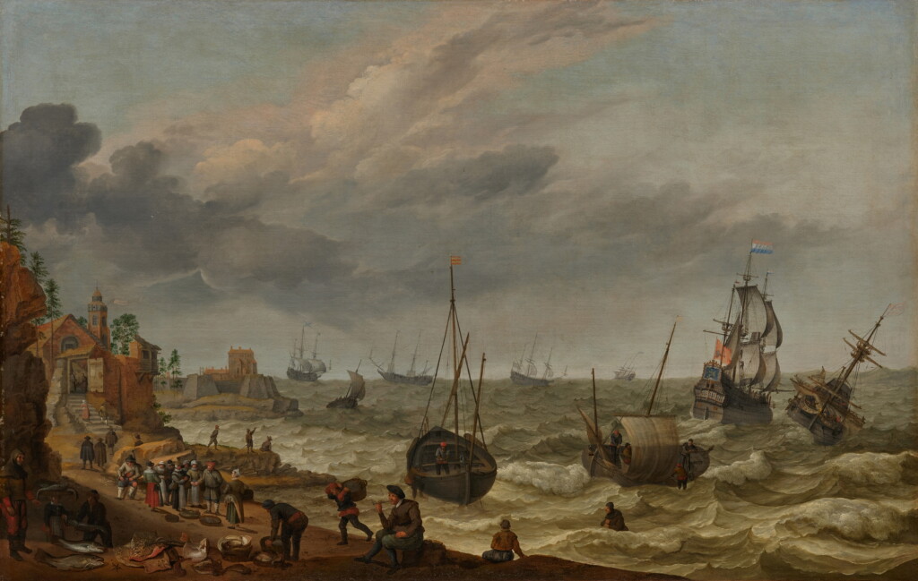 View full screen - View 1 of Lot 118. Dutch coastal view with ships in a choppy sea and fishermen unloading their catch.