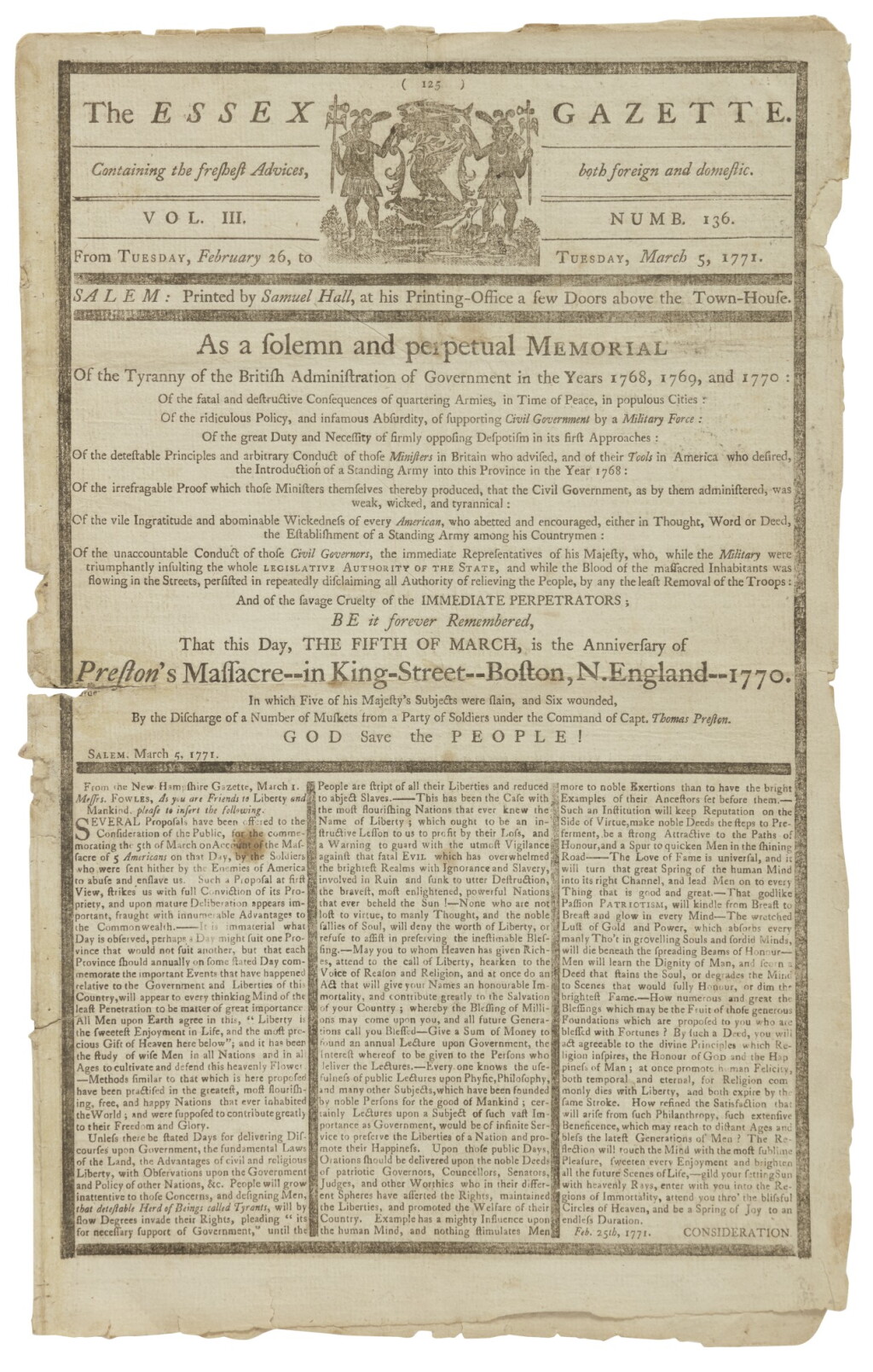 View full screen - View 1 of Lot 22. (BOSTON MASSACRE) | First Anniversary Commemoration of the Boston Massacre in The Essex Gazette, Vol. III, No. 136. Salem: Printed by Samuel Hall, February 26-March 5, 1771.