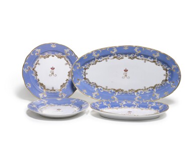 View full screen - View 1 of Lot 156. A GROUP OF FOUR PORCELAIN PLATES AND PLATTERS FROM THE FARM PALACE BANQUET SERVICE, IMPERIAL PORCELAIN FACTORY, ST PETERSBURG, PERIOD OF NICHOLAS I (1825-1855).