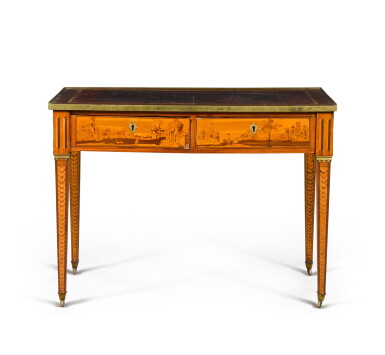 View full screen - View 1 of Lot 176. A Louis XVI brass mounted fruitwood and marquetry bureau plat, late 18th century.