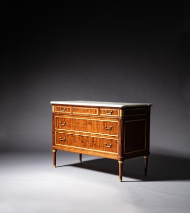 View full screen - View 1 of Lot 440. A Louis XVI gilt-bronze mounted mahogany commode, circa 1780, stamped by Jean-Henri Riesener | Commode en acajou et monture de bronze doré, d'époque Louis XVI, vers 1780, estampille de Jean-Henri Riesener.